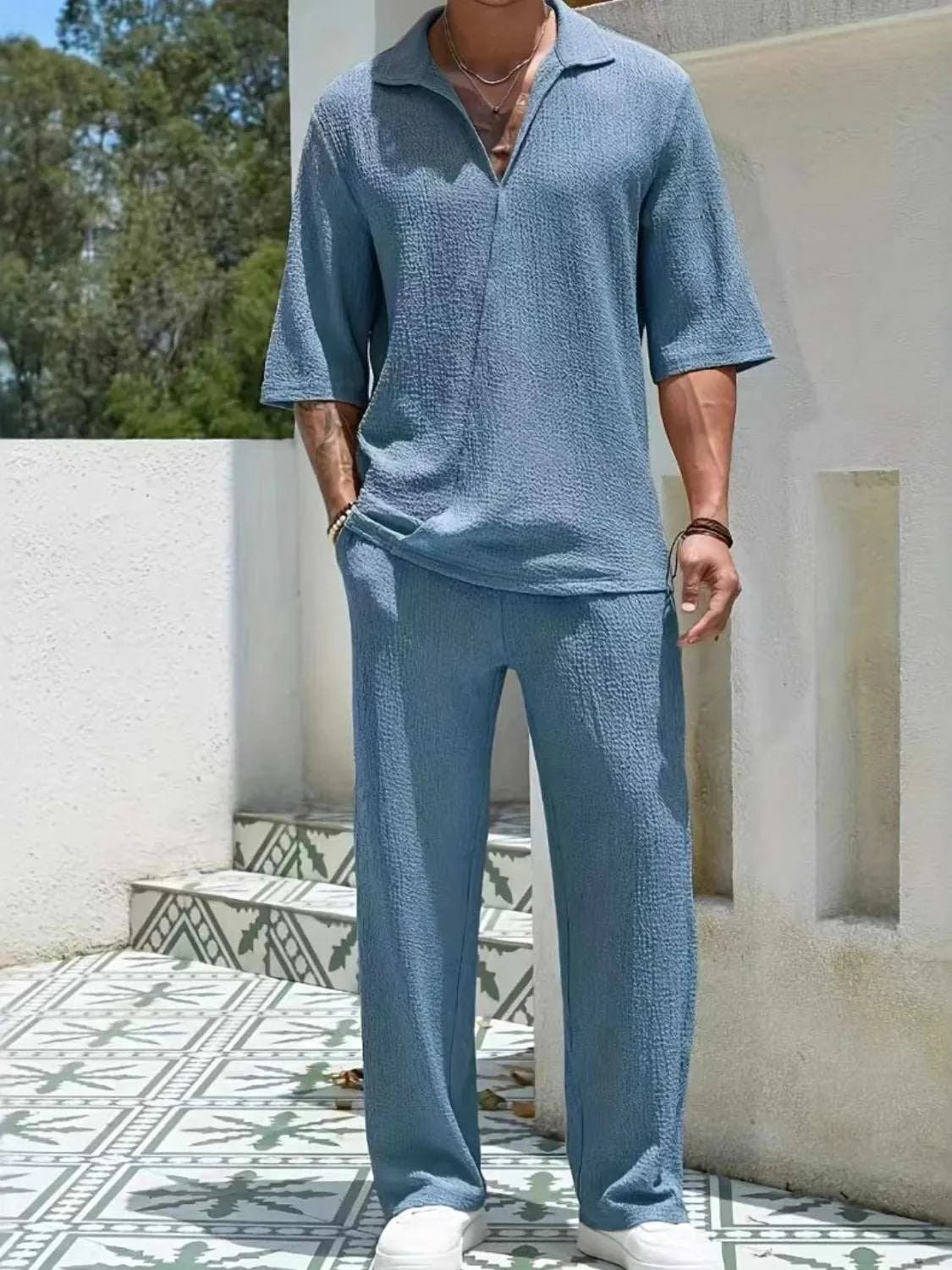 Men's Johnny Collar Half Sleeve Top and Pants SetFeatures: Basic style
Number of pieces: Two-piece
Stretch: Slightly stretchy
Material composition: 80% polyester, 20% spandex
Care instructions: Machine wash cold. T2TrendsiRK TRENDING STYLE Men's Johnny Collar