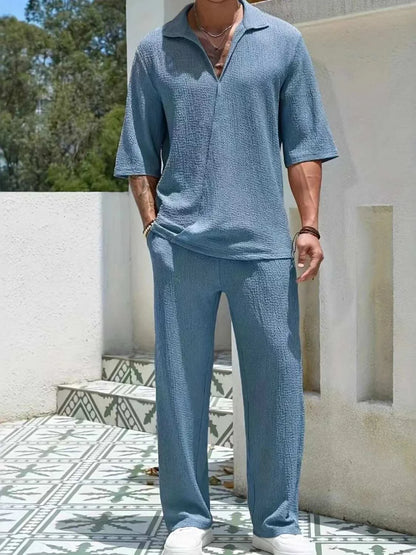 Men's Johnny Collar Half Sleeve Top and Pants SetFeatures: Basic style
Number of pieces: Two-piece
Stretch: Slightly stretchy
Material composition: 80% polyester, 20% spandex
Care instructions: Machine wash cold. T2TrendsiRK TRENDING STYLE Men's Johnny Collar