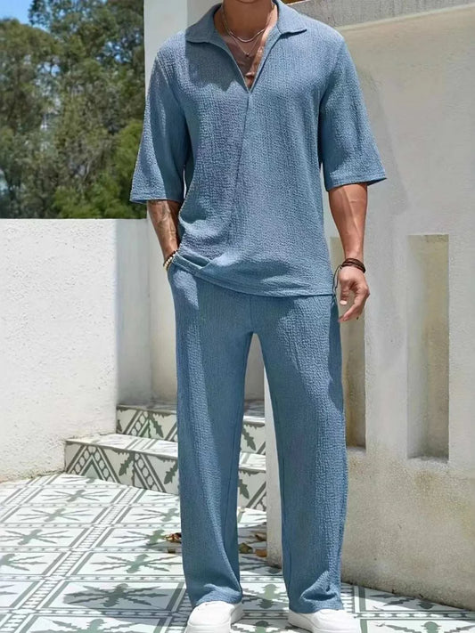Men's Johnny Collar Half Sleeve Top and Pants SetFeatures: Basic style
Number of pieces: Two-piece
Stretch: Slightly stretchy
Material composition: 80% polyester, 20% spandex
Care instructions: Machine wash cold. T2TrendsiRK TRENDING STYLE Men's Johnny Collar