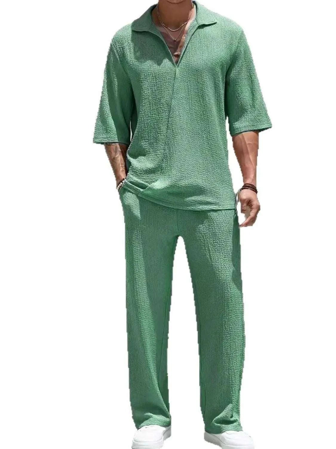 Men's Johnny Collar Half Sleeve Top and Pants SetFeatures: Basic style
Number of pieces: Two-piece
Stretch: Slightly stretchy
Material composition: 80% polyester, 20% spandex
Care instructions: Machine wash cold. T2TrendsiRK TRENDING STYLE Men's Johnny Collar