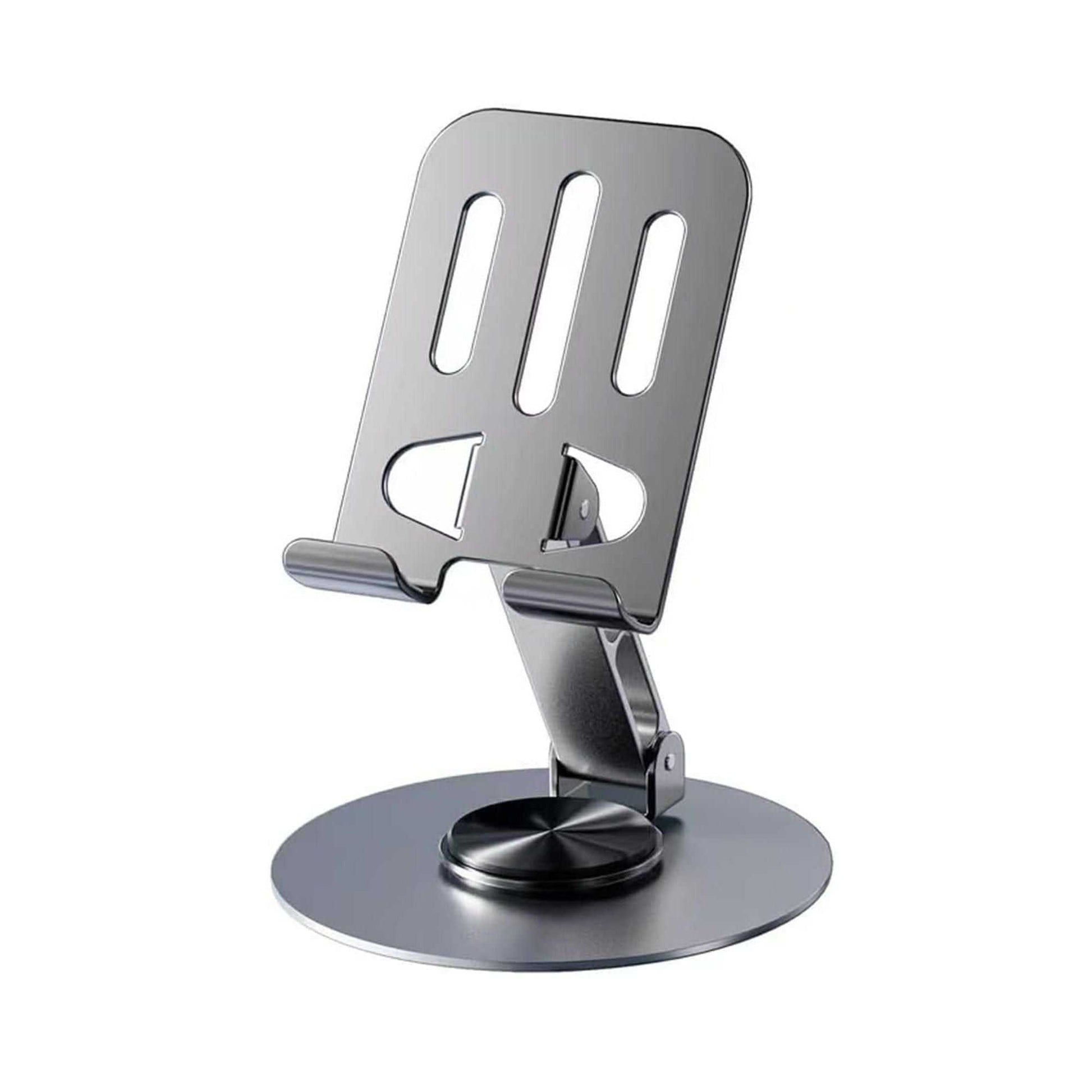 Aluminium 360° rotatable phone and tablet stand on a sleek base, ideal for desks and kitchens.