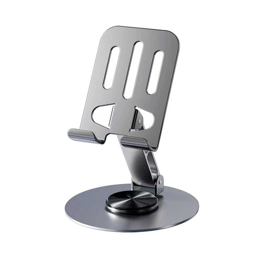Aluminium 360° rotatable phone and tablet stand on a sleek base, ideal for desks and kitchens.