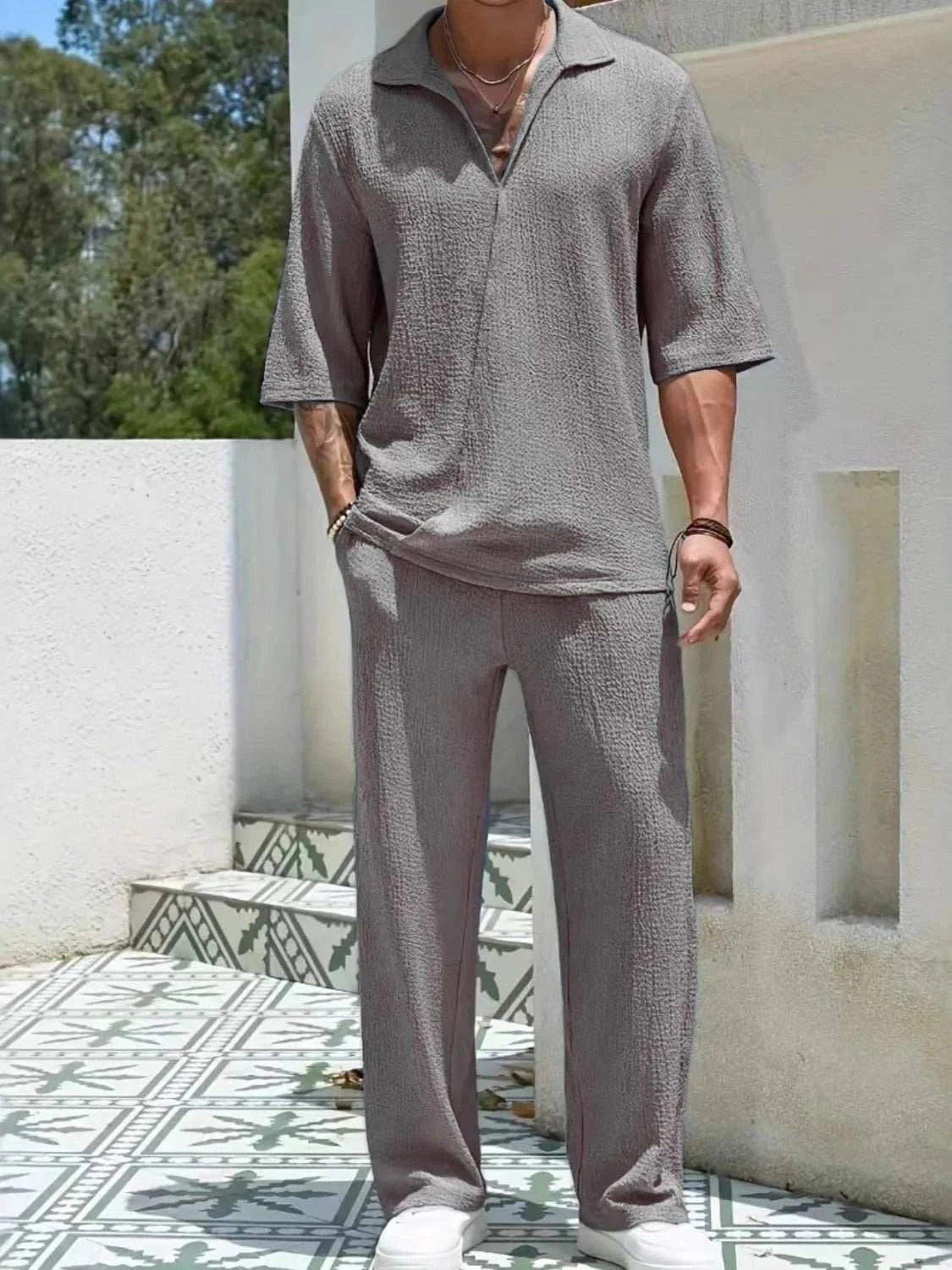 Men's Johnny Collar Half Sleeve Top and Pants SetFeatures: Basic style
Number of pieces: Two-piece
Stretch: Slightly stretchy
Material composition: 80% polyester, 20% spandex
Care instructions: Machine wash cold. T2TrendsiRK TRENDING STYLE Men's Johnny Collar
