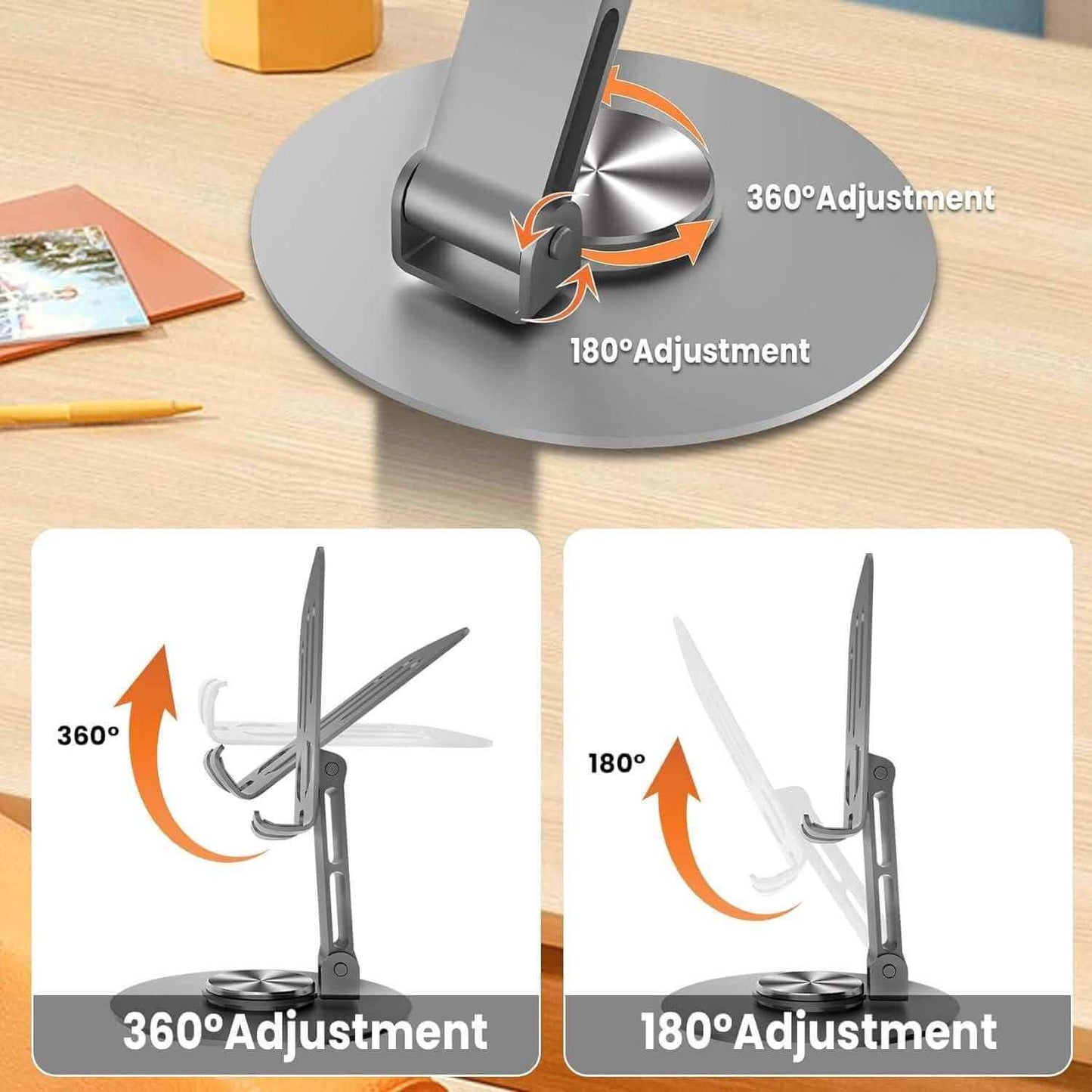 Aluminium 360° rotatable phone/tablet stand showing adjustable angles on a modern desk