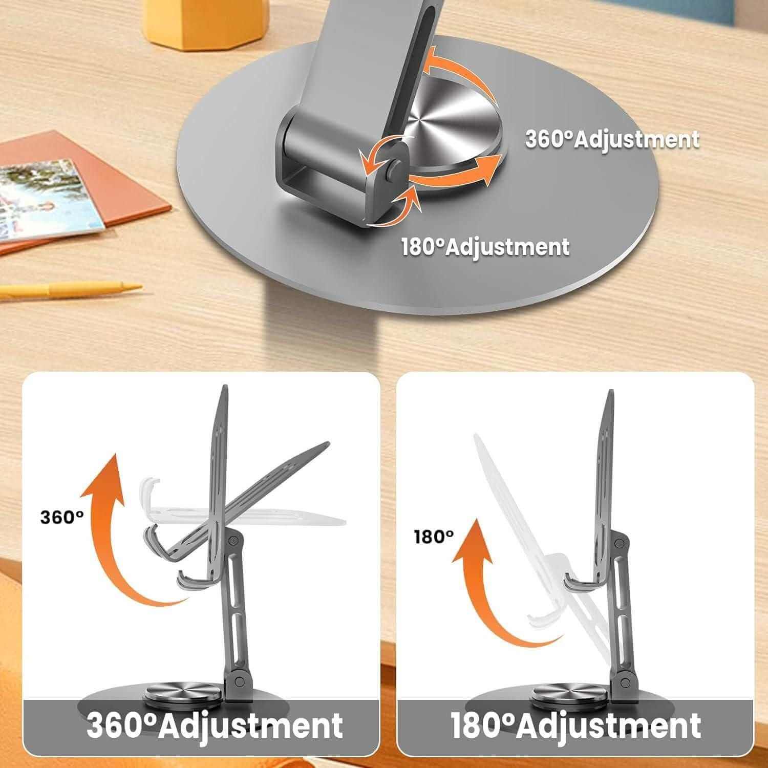 Aluminium 360° rotatable phone/tablet stand showing adjustable angles on a modern desk