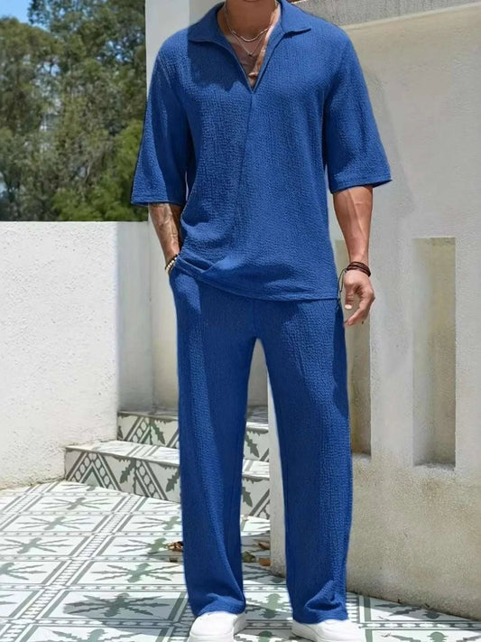 Men's Johnny Collar Half Sleeve Top and Pants SetFeatures: Basic style
Number of pieces: Two-piece
Stretch: Slightly stretchy
Material composition: 80% polyester, 20% spandex
Care instructions: Machine wash cold. T2TrendsiRK TRENDING STYLE Men's Johnny Collar