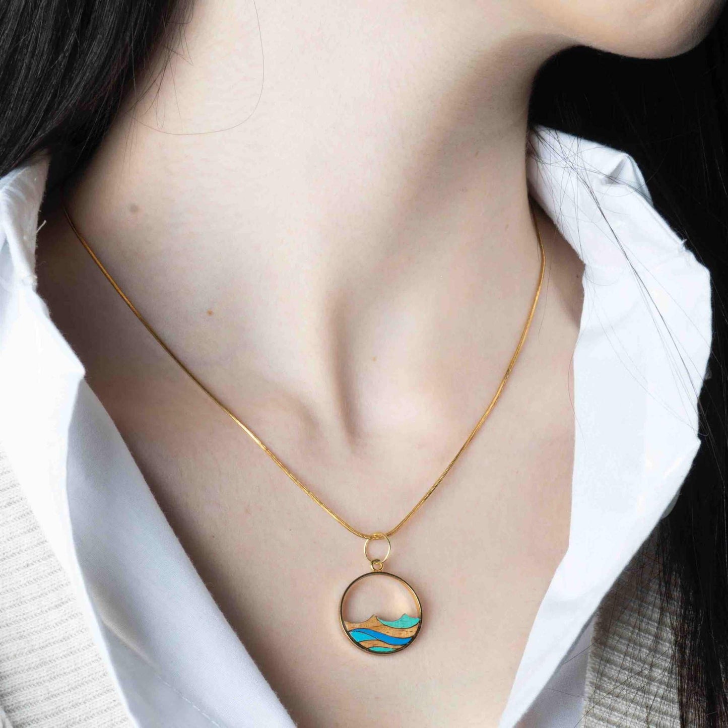 Ocean Recycled Wood Gold Necklace-0