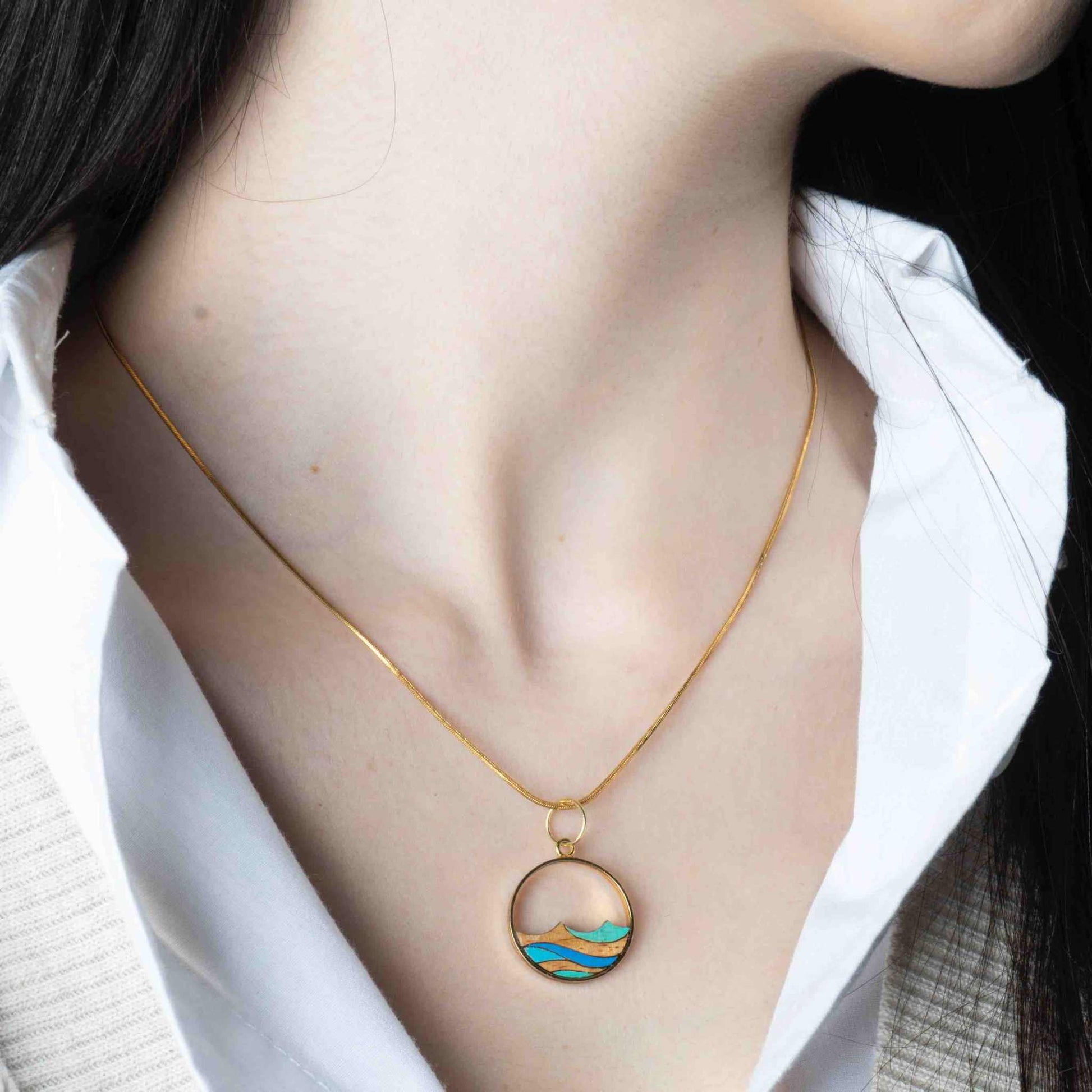 Ocean Recycled Wood Gold Necklace-0