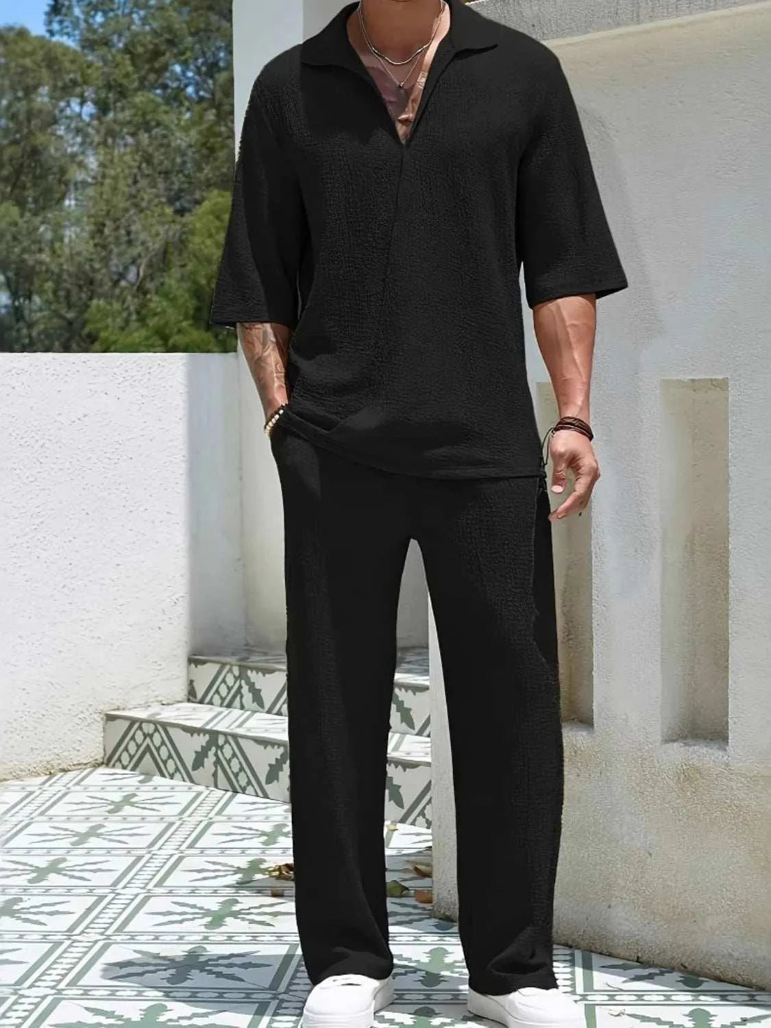 Men's Johnny Collar Half Sleeve Top and Pants SetFeatures: Basic style
Number of pieces: Two-piece
Stretch: Slightly stretchy
Material composition: 80% polyester, 20% spandex
Care instructions: Machine wash cold. T2TrendsiRK TRENDING STYLE Men's Johnny Collar