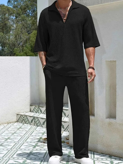 Men's Johnny Collar Half Sleeve Top and Pants SetFeatures: Basic style
Number of pieces: Two-piece
Stretch: Slightly stretchy
Material composition: 80% polyester, 20% spandex
Care instructions: Machine wash cold. T2TrendsiRK TRENDING STYLE Men's Johnny Collar