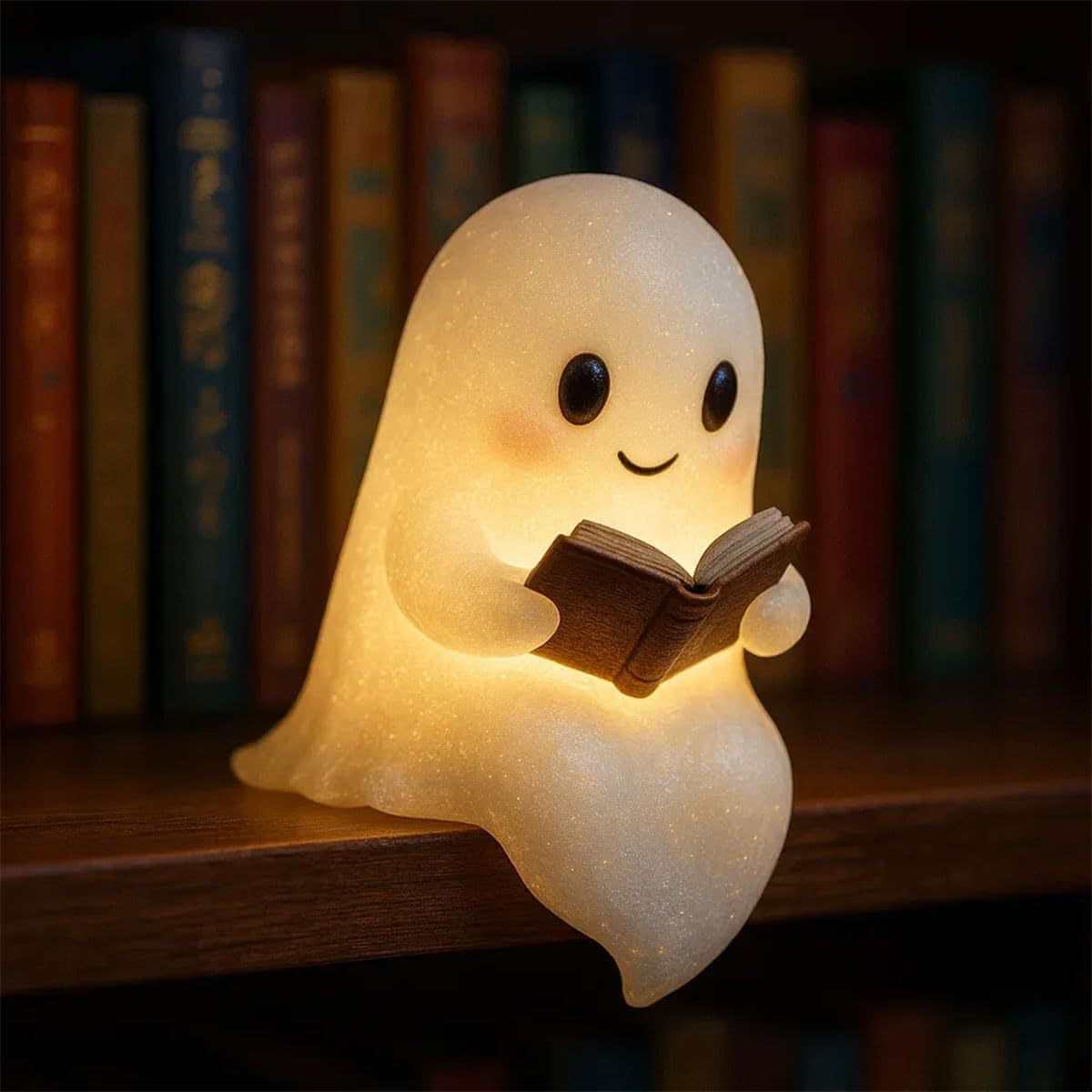 Adorable LED ghost night light reading a book, perfect for children's rooms and Halloween decor.