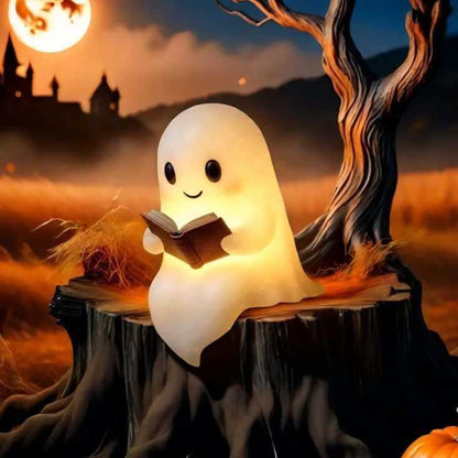 Cute LED ghost night light reading a book, perfect for Halloween decoration and children's bedrooms.