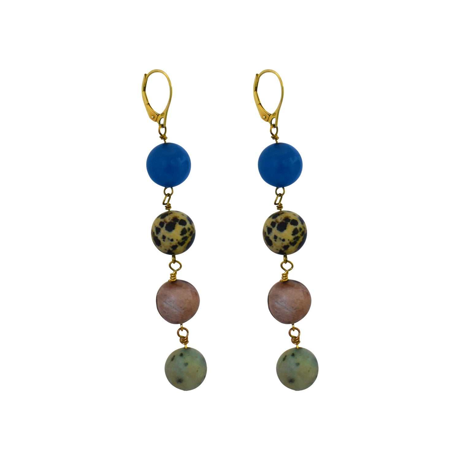 Blue Aventurine, Dalmatian Jasper, Mookaite and Sesame Jasper Yellow gold vermeil or 18k gold earrings | by nlanlaVictory-3